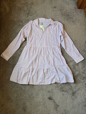 Salty Lemon Mauve White Striped Tiered Dress Collared Long Sleeve SIZE L